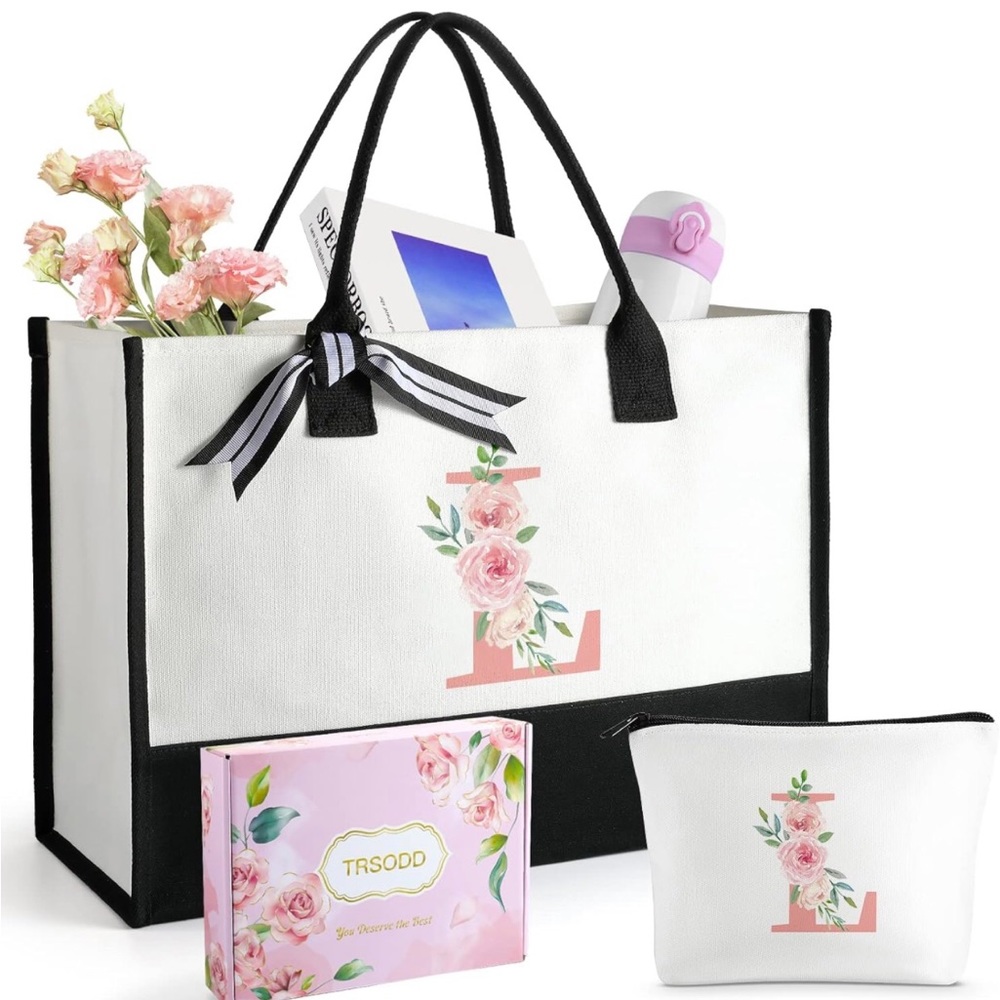 Tote Bag with Initial w Makeup Bag, gift box and gift card